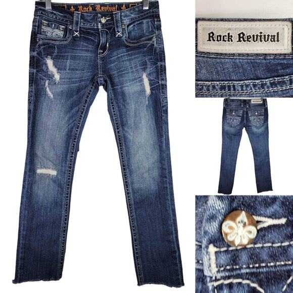 Rock Revival Jeans Womens Size 26 Straight Leg Medium Wash Embellished Raw Hem - Picture 1 of 11
